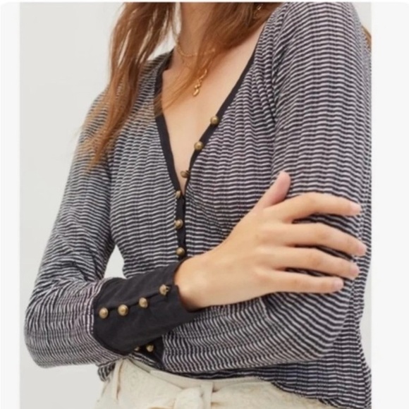 Pilcro for Anthropologie Navy Blue and White Striped Henley - Picture 2 of 6